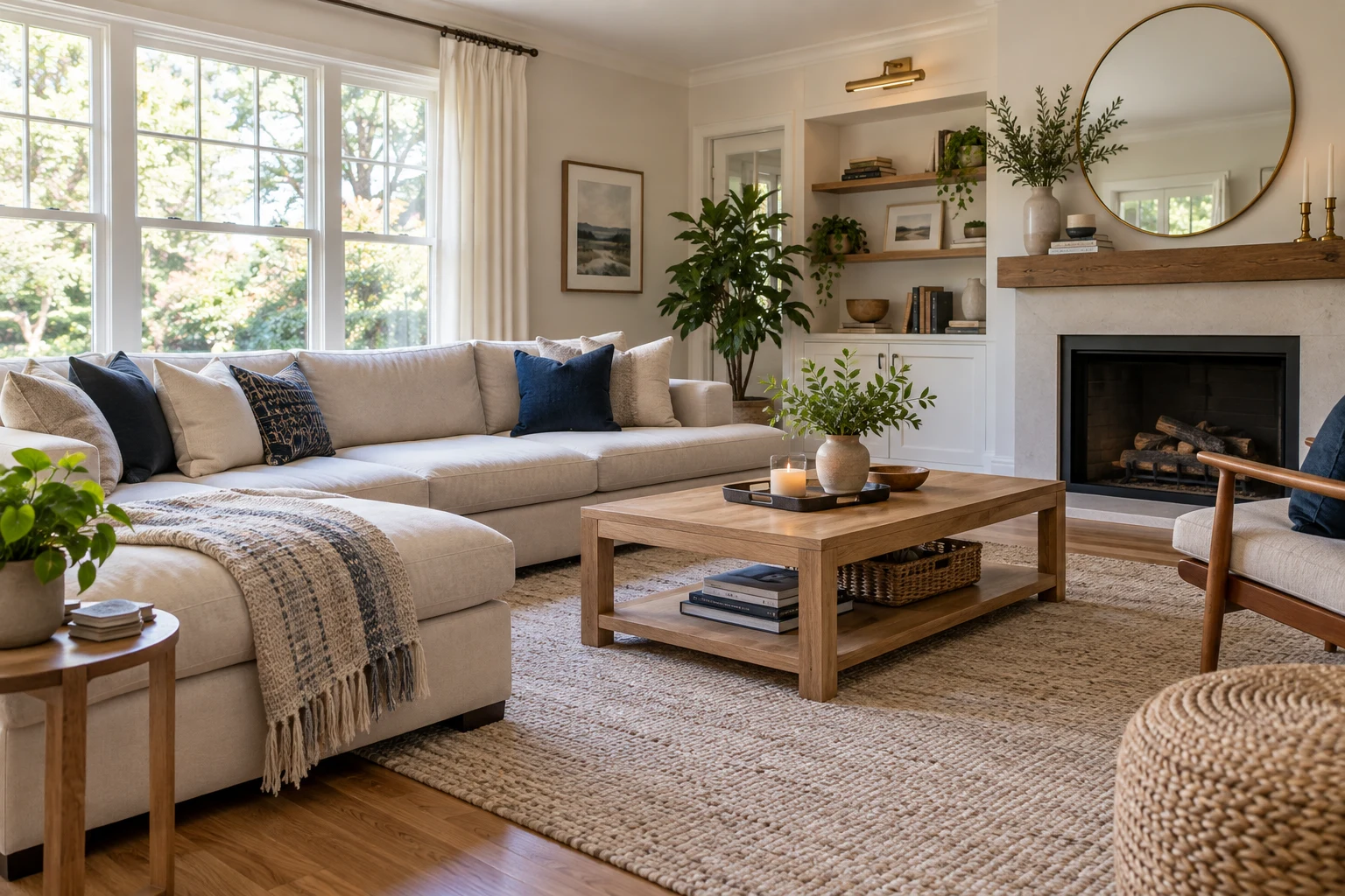 Bright living room with a pale sofa, oak furnishings, and natural daylight